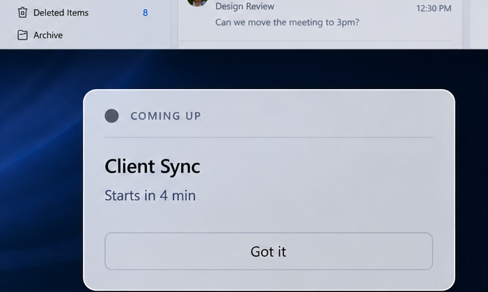 Coming up card for Client Sync starting in 4 min with a Got it button