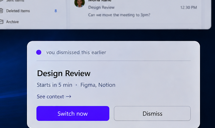 Recovery card reading you dismissed this earlier, Design Review starts in 5 min, Switch now