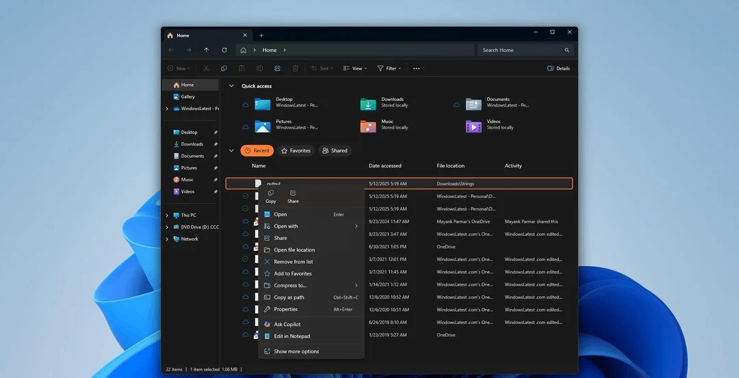 Screenshot of the File Explorer right-click menu showing an Ask Copilot entry
