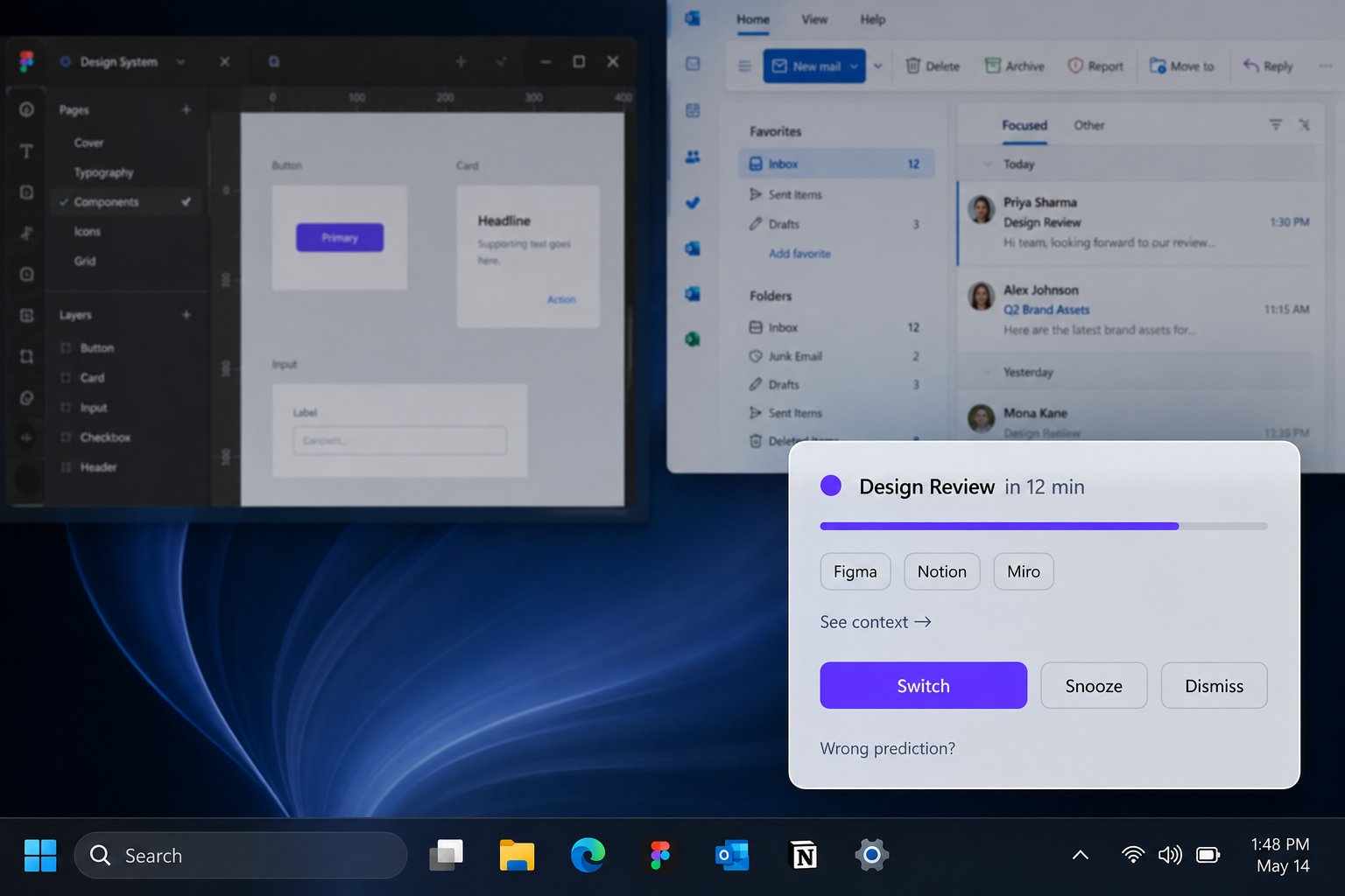Flow prediction card in the bottom-right of a Windows 11 desktop, 12 minutes before a Design Review. Figma, Notion and Miro queued, with Switch, Snooze and Dismiss.