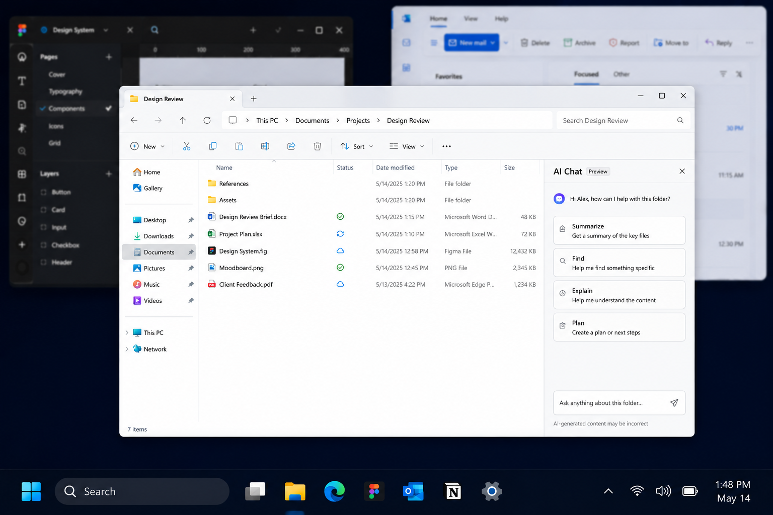 Windows 11 File Explorer open on a Design Review folder with an AI Chat panel docked to the right, asking 'Hi Alex, how can I help with this folder?' and offering Summarize, Find, Explain and Plan actions scoped to that folder.