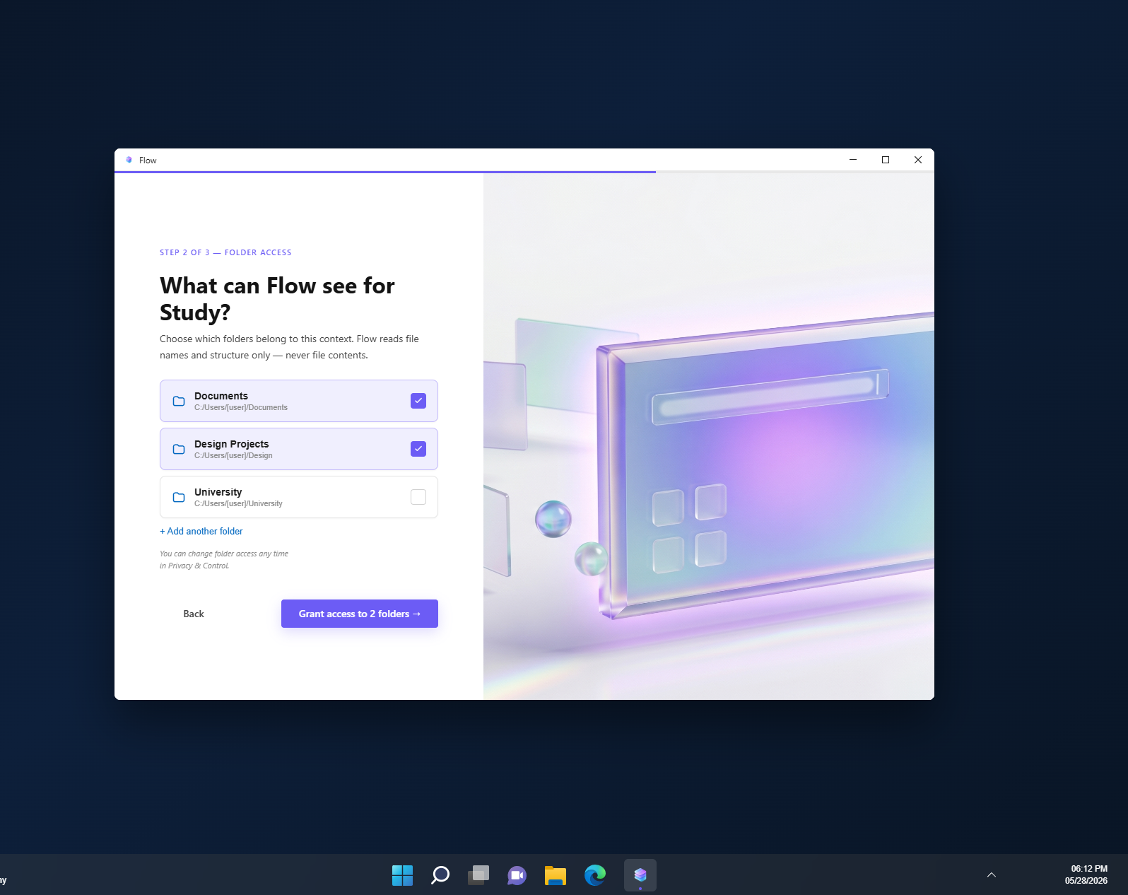 Onboarding step 2 of 3, folder access: the user chooses which folders belong to a context: Documents and Design Projects checked, University unchecked, with a note that Flow reads file names and structure only, never contents.
