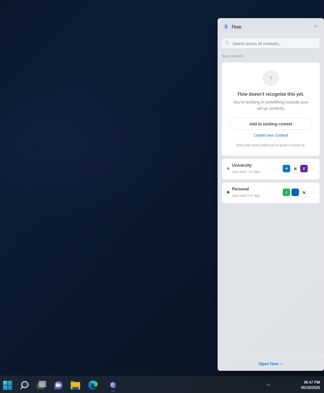 Flow sidebar showing an unrecognised state: Flow doesn't recognise this yet, you're working in something outside your set up contexts, with options to add to an existing context or create a new one.